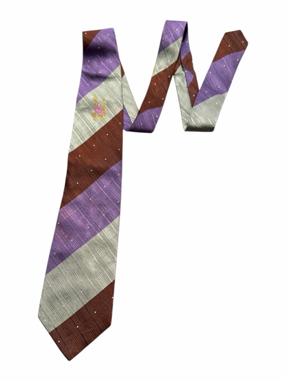 KENZO Striped 100% Silk Tie in Purple, Brown & Silver